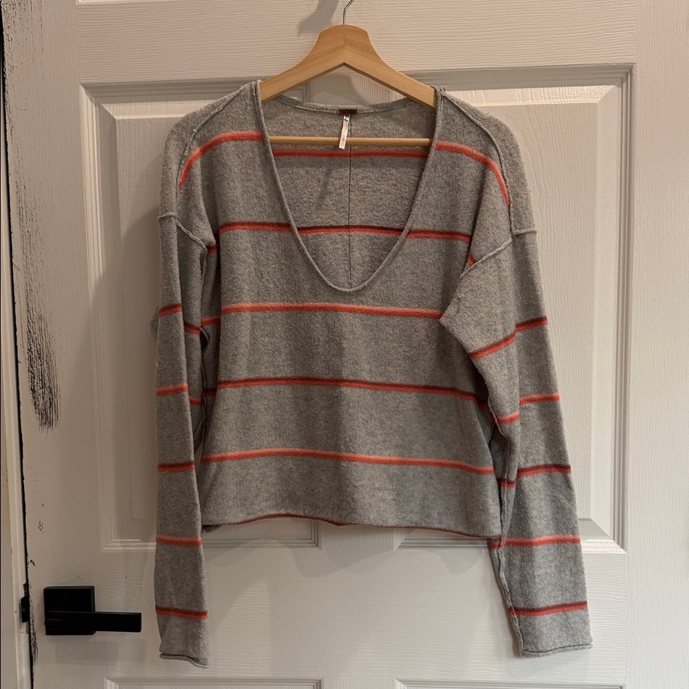 Free People Gray and Red Striped Long Sleeve Top